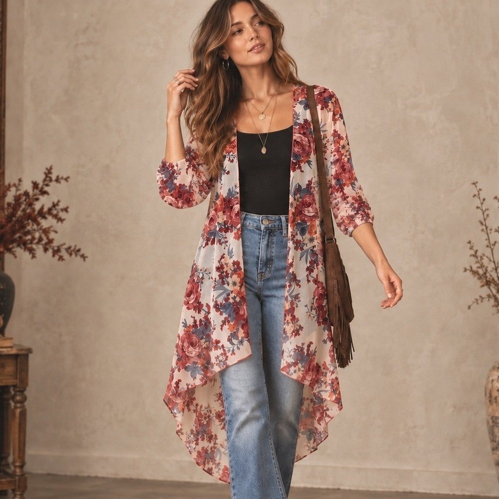 Womens Floral Mesh Sheer Duster Cardigan S Boho Romantic Fall Layering Cottage